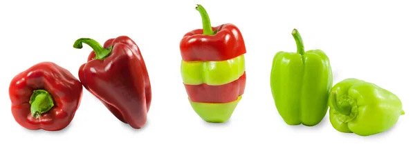 Sada zelených a červených paprik izolované na bílém — Stock fotografie