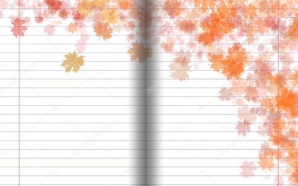 Reversal of an exercise book with beautiful autumn maple leaves