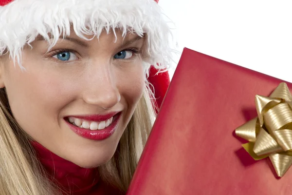 Attractive Santa girl with present — Stock Photo, Image
