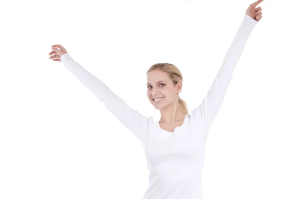 Beautiful young woman with arms raised — Stock Photo, Image