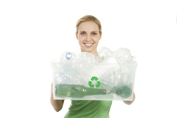 Happy young woman recycling — Stock Photo, Image
