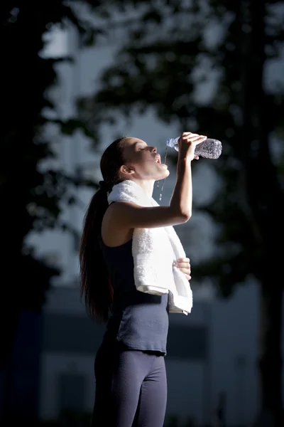 Athletic woman drinking water after jogging — Stock Photo, Image
