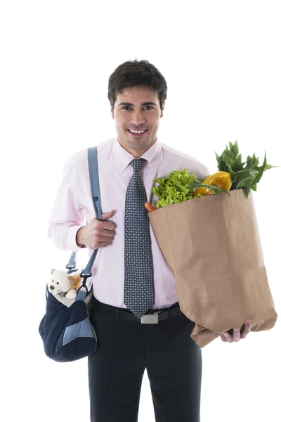 Podnikatel s plenka tašku a nákupní tašky — Stock fotografie