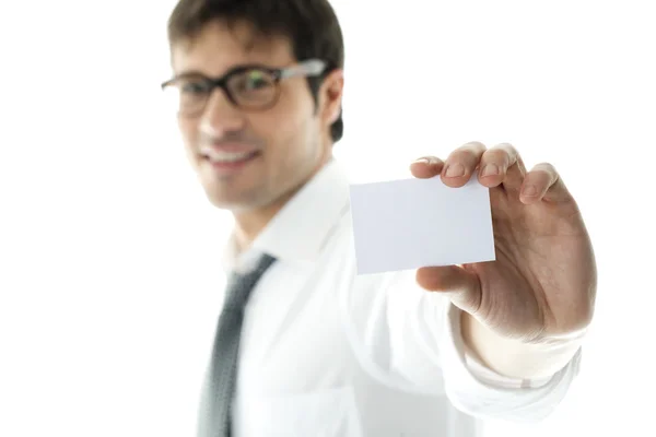 Empresário com cartão de visita em branco — Fotografia de Stock