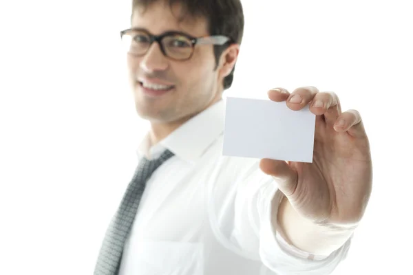 Biznesmen z businesscard puste — Zdjęcie stockowe
