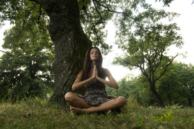 güzel bir genç kadın doğa eller ile meditasyon katıldı.