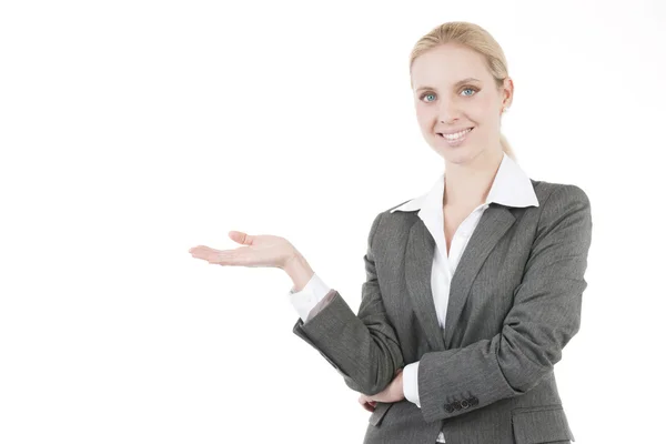 Attractive Businesswoman Presenting a Product — Stock Photo, Image
