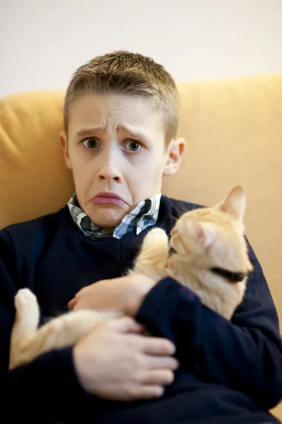 고양이와 함께 있는 어린 소년 — 스톡 사진