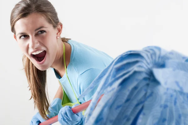 Crazy Housewife Fighting With Mop — Stock Photo, Image