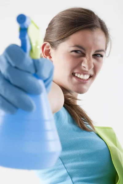 Crazy Housewife With Spray Bottle — Stock Photo, Image
