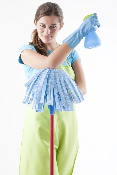 Happy Woman With Mop and Spray Bottle — Stock Photo, Image