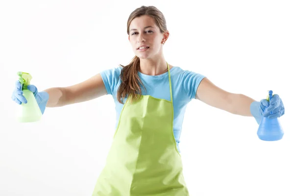 Crazy Housewife Ready To Fight With Spray Bottle — Stock Photo, Image