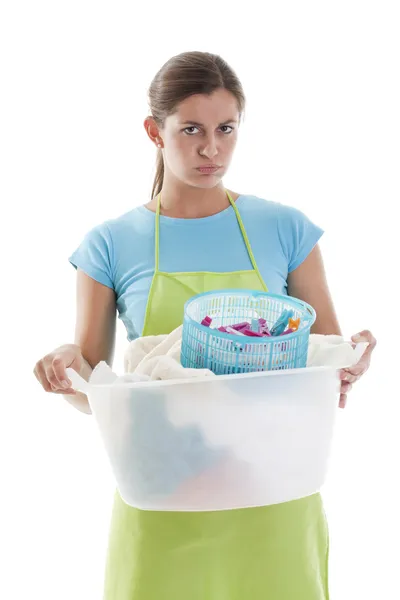 Zmęczona kobieta robi pranie — Zdjęcie stockowe