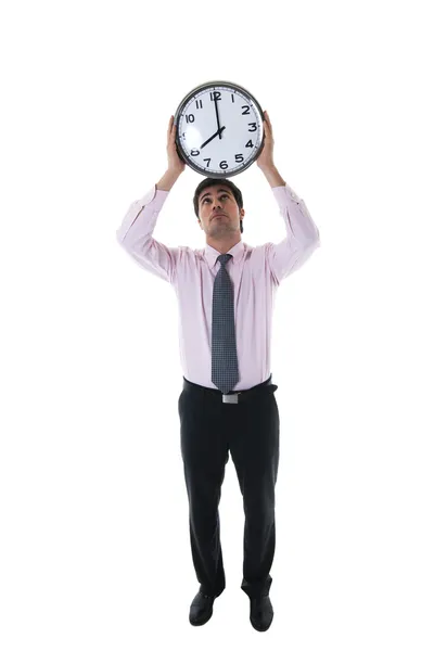 Uomo d'affari stressato con orologio sopra la testa — Foto Stock