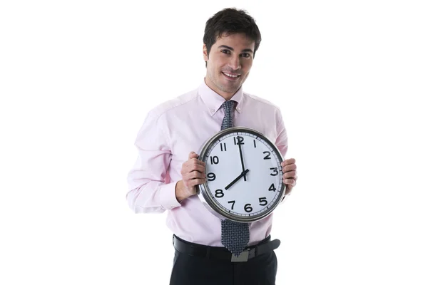Щасливий бізнесмен тримає годинник — стокове фото