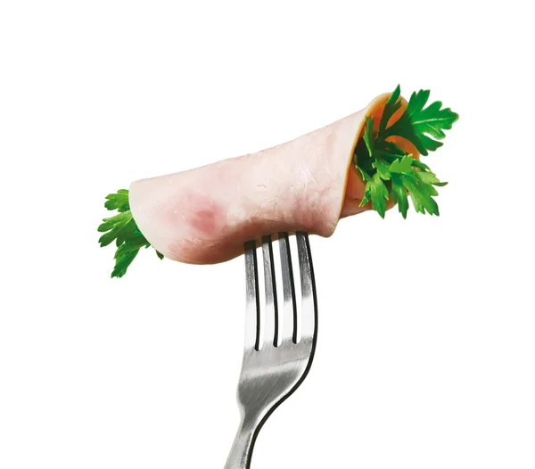 Rolled ham on fork — Stock Photo, Image