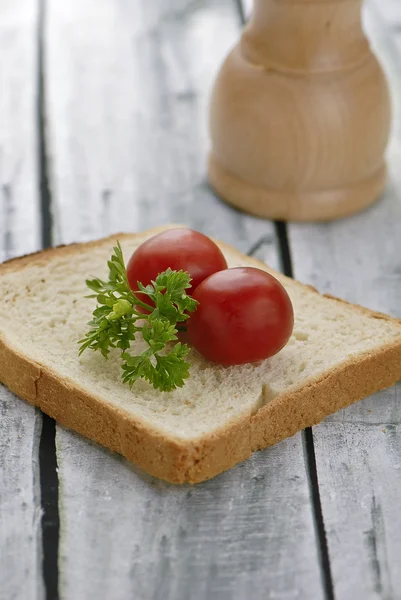 Aranged food two tomatoe on toast — Stock Photo, Image