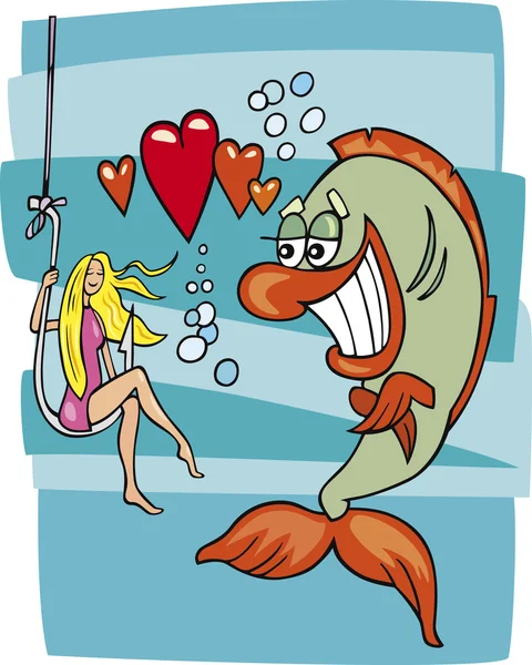Fish in love and girl — Stock Vector