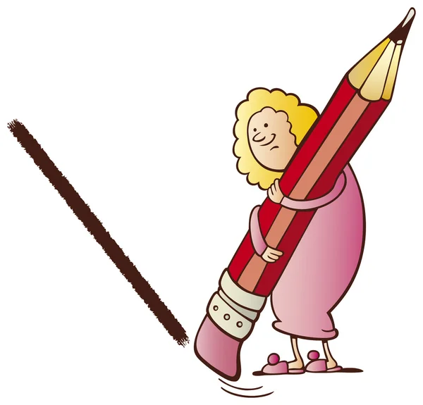 Ligne d'effacement femme avec un énorme crayon en caoutchouc — Image vectorielle