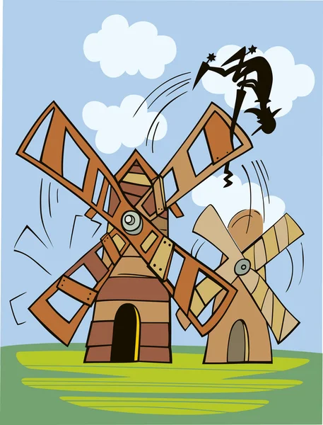Don Quixote and wind mill — Stock Vector
