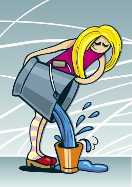 Girl pouring water from big bucket to small one clipart