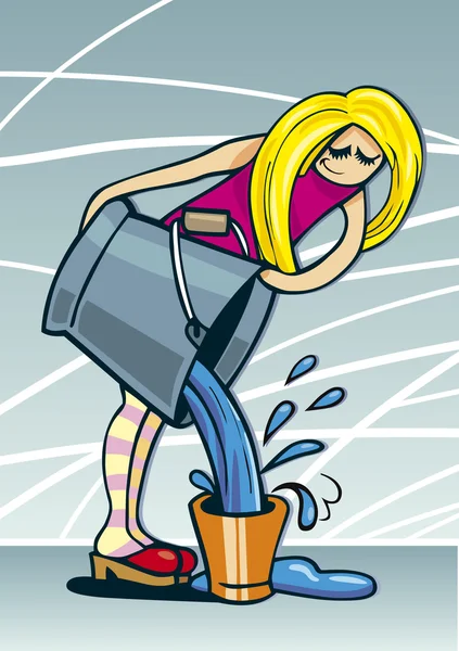 Menina derramando água de balde grande para pequeno — Vetor de Stock