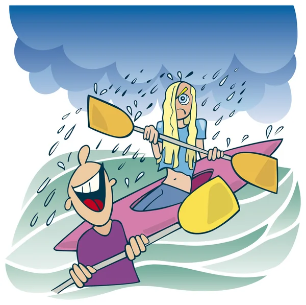 Chica en kayak y chico riendo — Vector de stock
