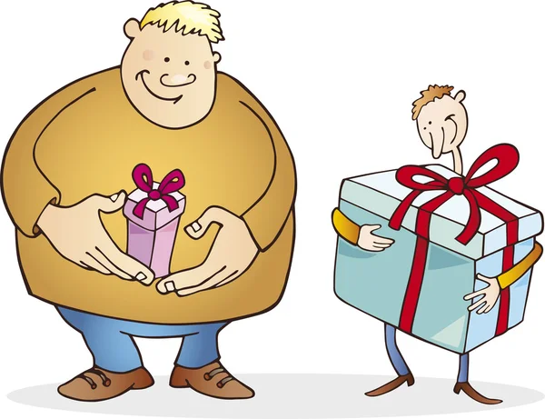 Big man with small gift and thin guy with huge one — Stock Vector