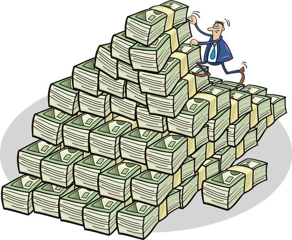 Homme d'affaires grimpant sur la montagne de l'argent — Image vectorielle
