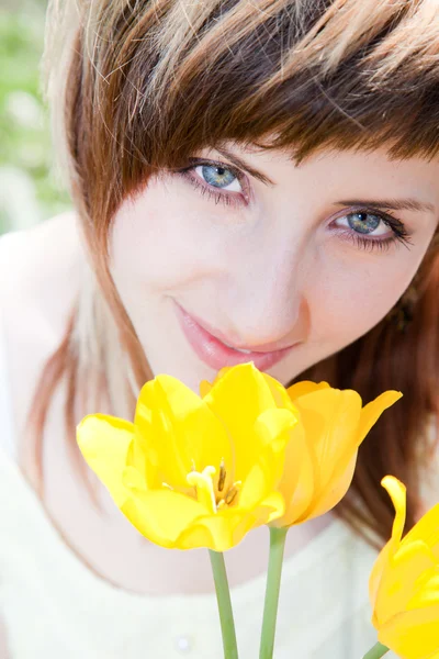 Portrait with tulips — Stock Photo, Image