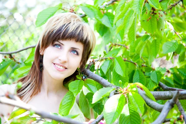 Mooi meisje tussen de bomen — Stockfoto