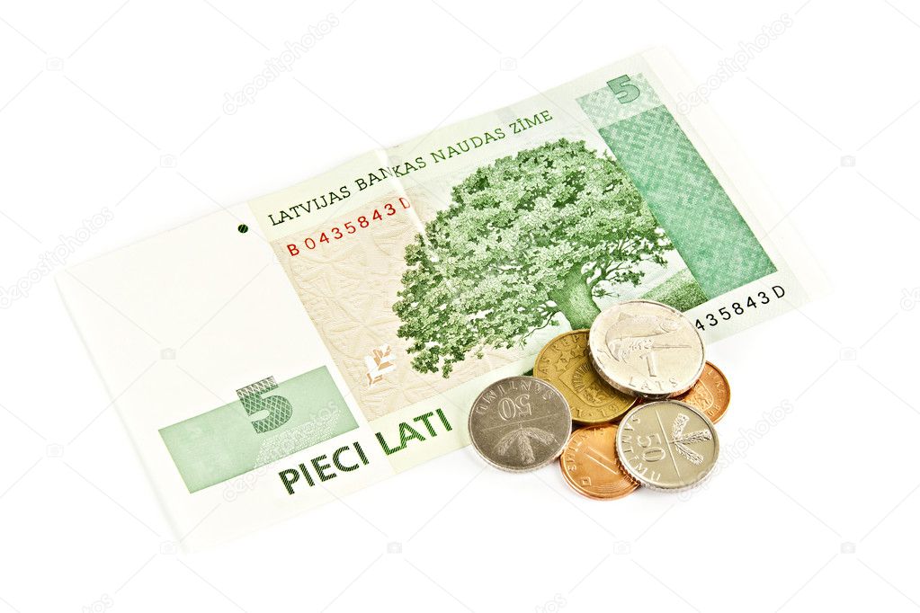 Latvian national five- lats banknotes with centimes.