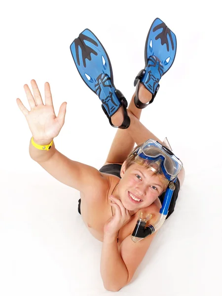 Adolescente vestida com acessórios de mergulho — Fotografia de Stock