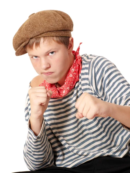 Ready to fight teenage dressed in seaman shirt — Stock Photo, Image