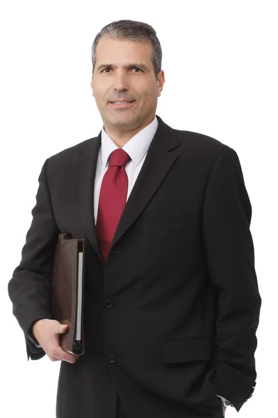 Uomo d'affari sorridente con notebook su sfondo bianco — Foto Stock