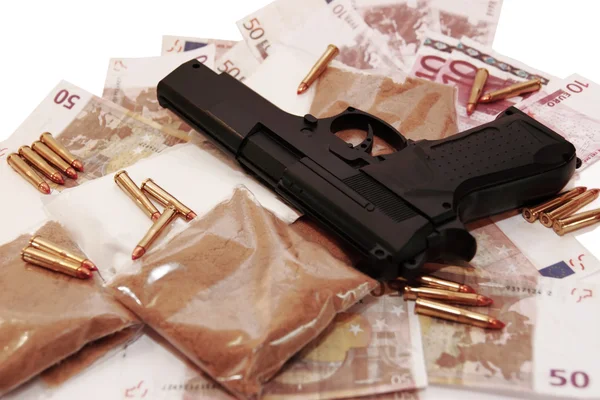 Drugs vice gun and money — Stock Photo, Image