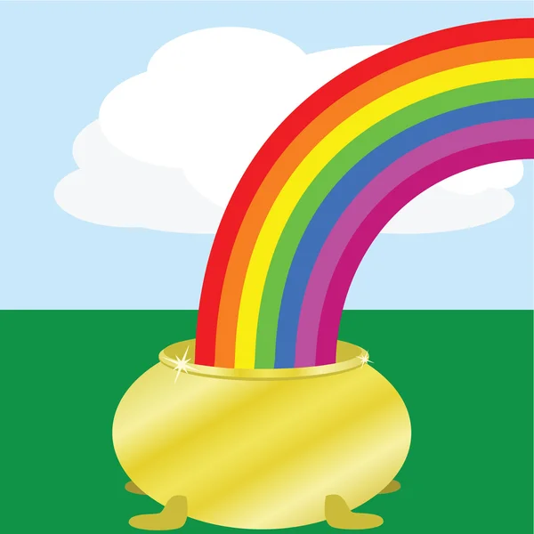 Regenboog en gouden pot op een veld — Stockvector