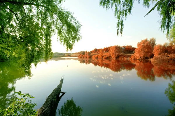 Natur scen: möte för sommaren och hösten på floden — Stockfoto