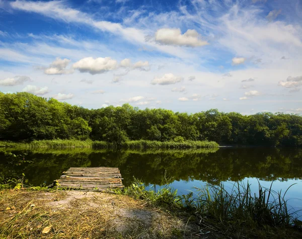 Dřevěné molo na letní řeky a lesa na zadní straně — Stock fotografie