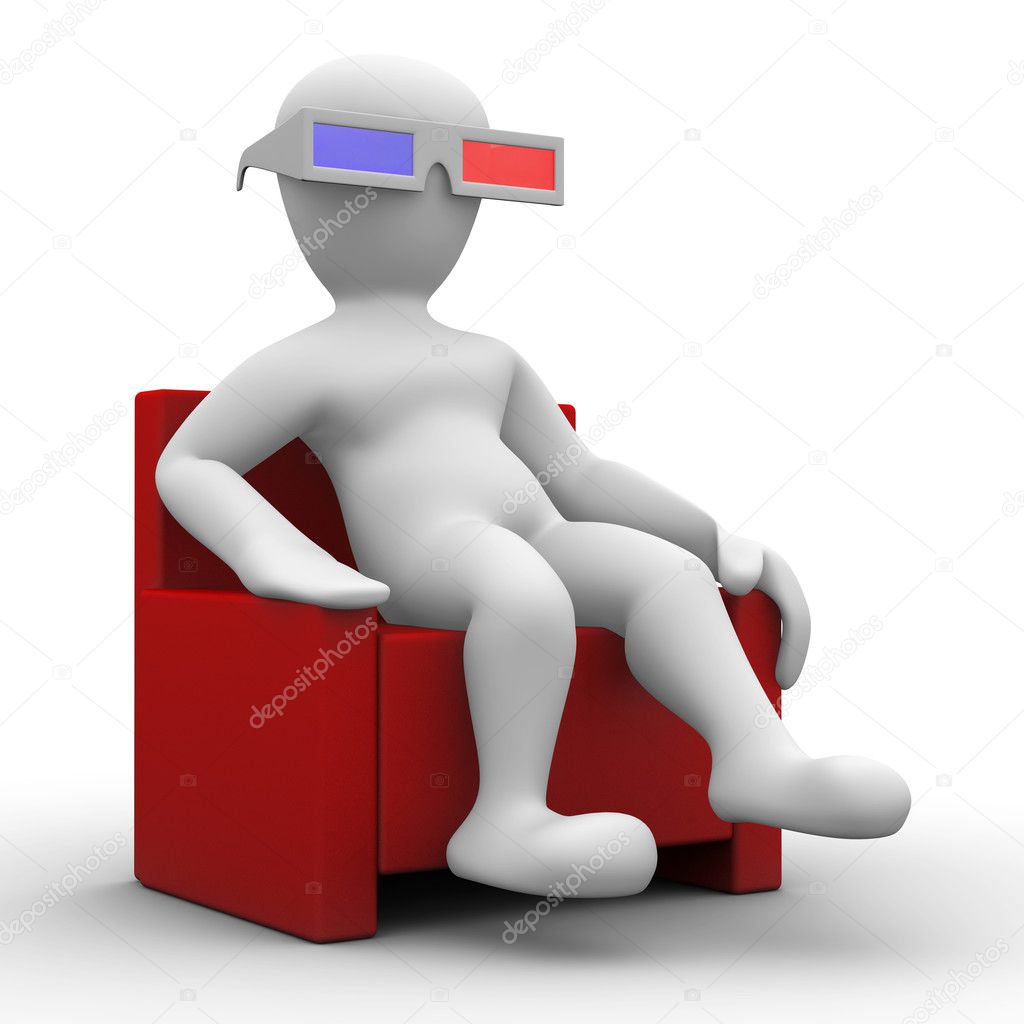 Imagen 3d, personaje mirando pelicula en 3d
