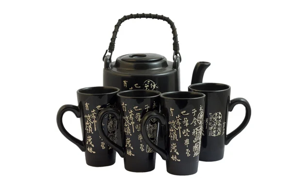 O bule de chá chinês preto e copos — Fotografia de Stock