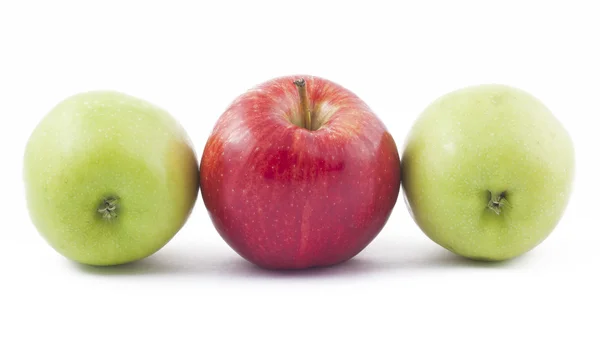 Red and two green apples on white — Stock Photo, Image