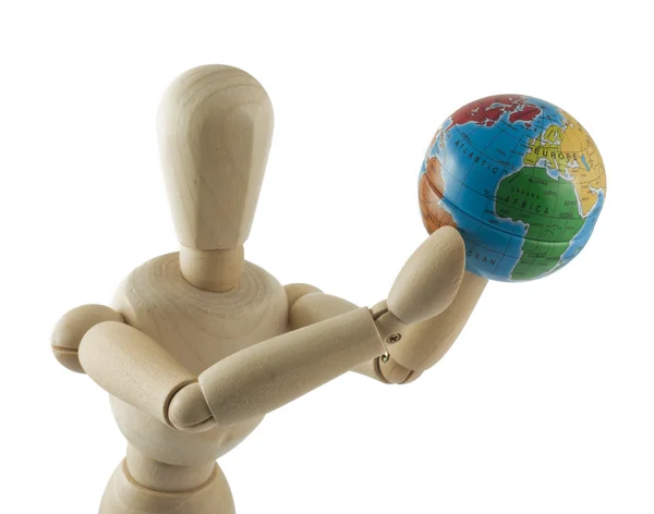 Wooden mannequin with globe — Stock Photo, Image
