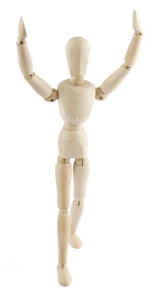 Wooden manequin raises his arms to the sky — Stock Photo, Image