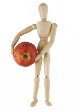 Wooden mannequin holds red apple clipart