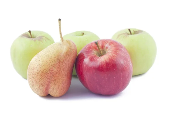 Red and green apples and ripe pear — Stock Photo, Image