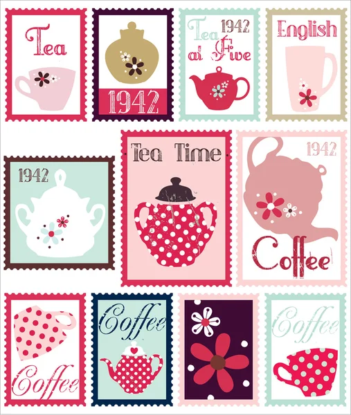 Romantische Briefmarken mit Porzellanset — Stockvektor