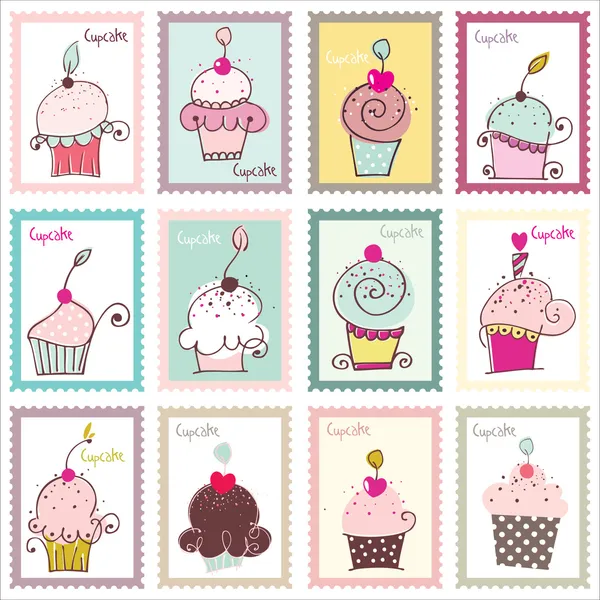 Cupcake Post Stamp Design Set — Stock Vector