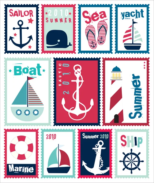 Serie di francobolli postali marini Illustrazioni Stock Royalty Free