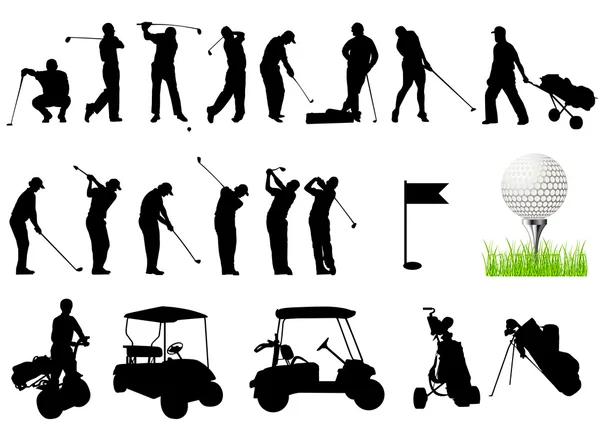 Silhouettes of Men playing golf with golf ball — Stock Vector